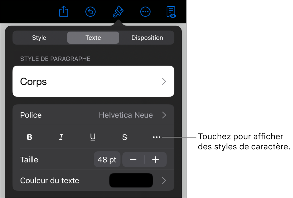 Les commandes de mise en forme avec les styles de paragraphe en haut, suivis des commandes de police. En dessous de Police se trouvent les boutons Gras, Italique, Souligné, Barré et « Plus d’options de texte ».