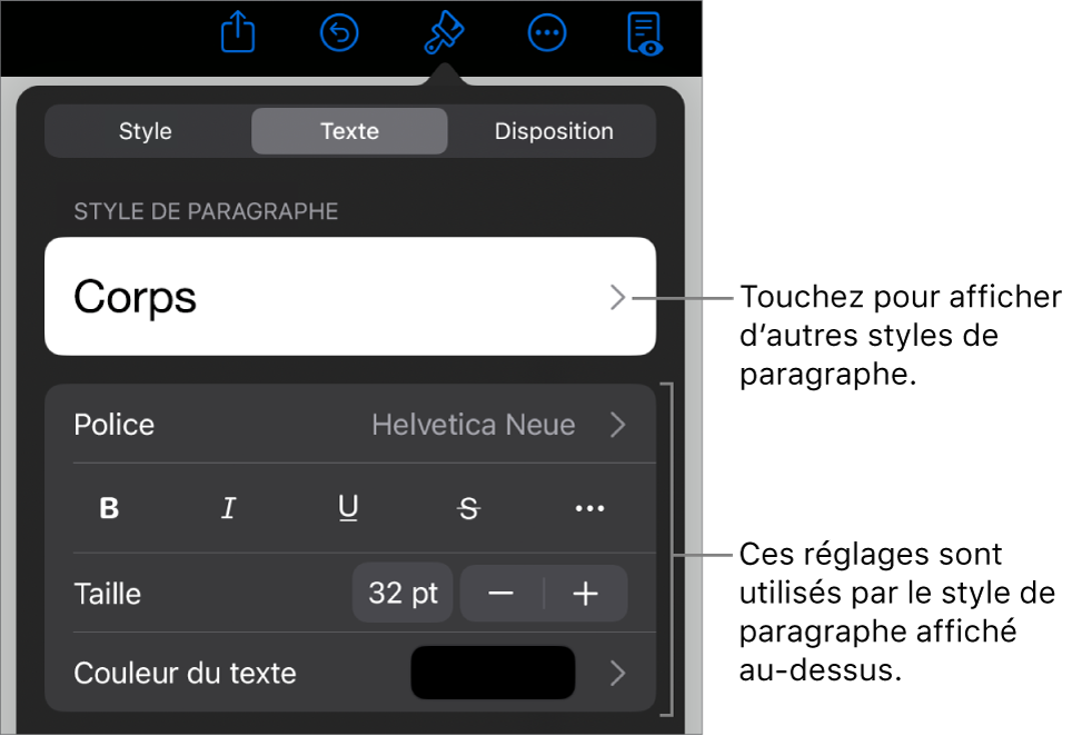 Menu Format montrant les commandes de texte permettant de définir les styles, la police, la taille et la couleur des paragraphes et des caractères.