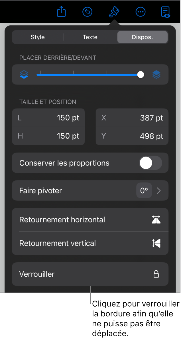 Les commandes Disposition dans le menu Format avec une légende reliée au bouton Verrouiller.