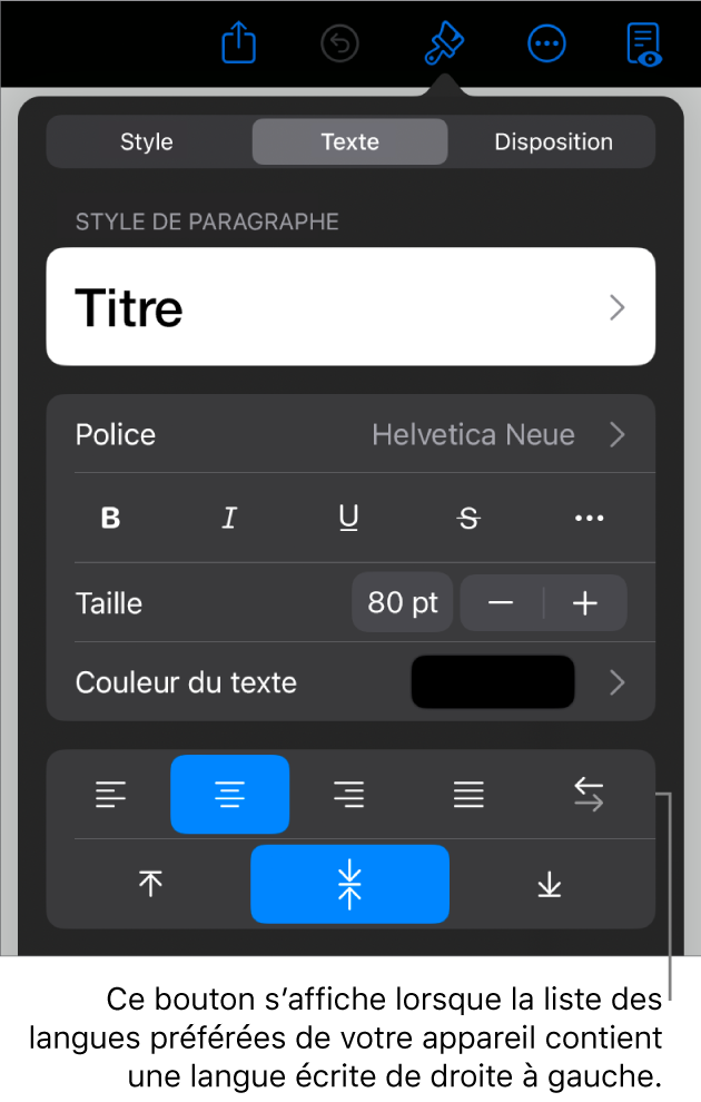 Les commandes de texte dans le menu Format avec une légende vers le bouton « De gauche à droite ».