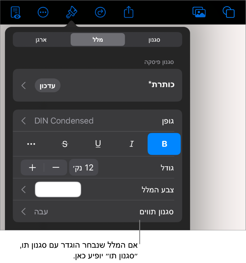 כלי הבקרה לעיצוב מלל עם ״סגנון תווים״ מתחת לכלי הבקרה של צבעים. סגנון התווים ״ללא״ מופיע עם כוכבית.