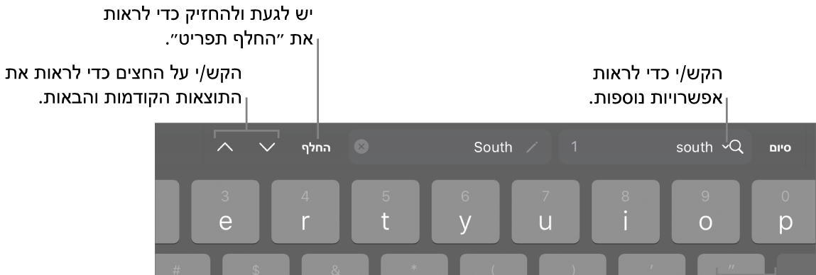 פקדי ״חפש והחלף״ מעל למקלדת עם הסברים לכפתורים ״אפשרויות חיפוש״, ״החלף״ ומעבר למעלה/מעבר למטה.