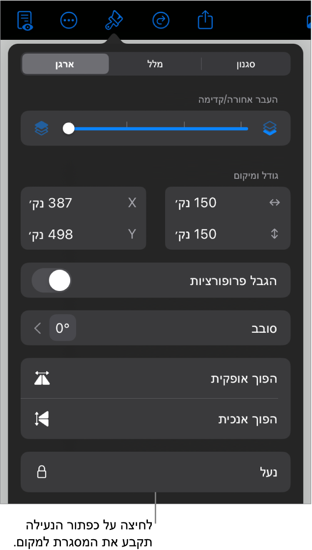 כלי הבקרה של ״ארגון״ בתפריט ״עיצוב עם הסבר לגבי הכפתור ״נעל״.