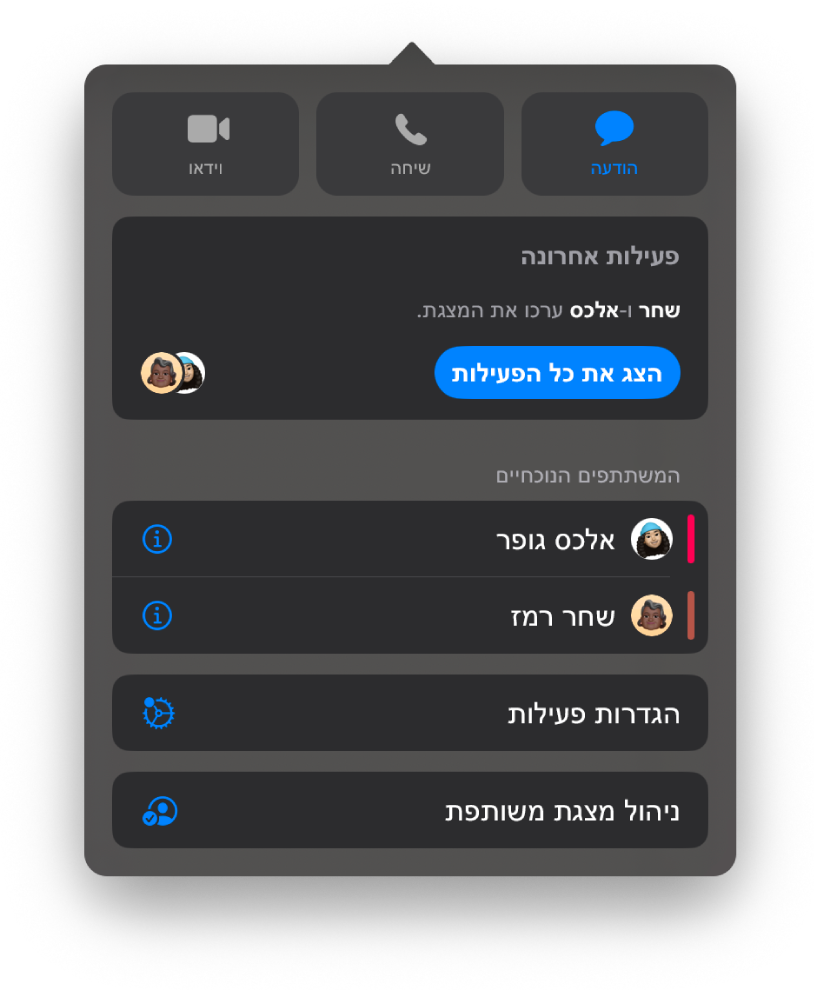 תפריט ״שיתוף פעולה״ מראה את שמות האנשים המשתפים פעולה בעבודה על המצגת.