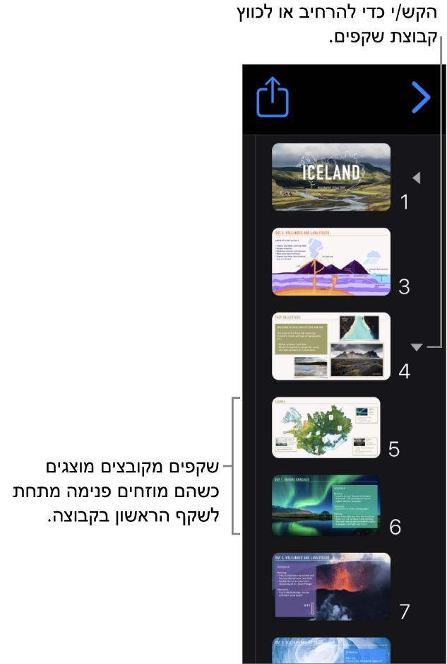 נווט השקפים מציג שקפים מוזחים.