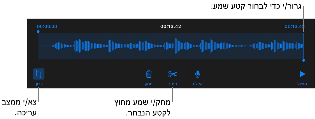 כלי הבקרה לעריכת שמע שהוקלט. ידיות האחיזה מציינות את המקטע שנבחר מתוך ההקלטה, והכפתורים ״תצוגה מקדימה״, ״הקלט״, ״חתוך״, ״מחק״ ו״מצב עריכה״ נמצאים מתחת.