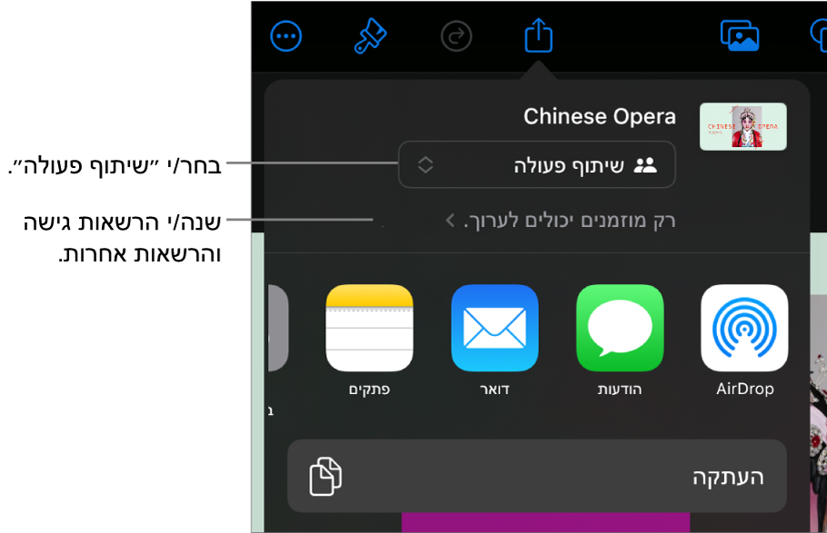 תפריט השיתוף כאשר האפשרות ״שיתוף פעולה״ נבחרת בחלק העליון ומתחתיה הגדרות הגישה וההרשאות.