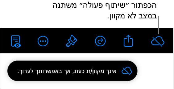 הכפתורים בראש המסך, עם הכפתור ״שיתוף פעולה״ שהשתנה לענן עם קו אלכסוני חוצה. התראה על המסך עם הכיתוב ״ניתן לערוך למרות שהמכשיר שלך לא מחובר לאינטרנט״.