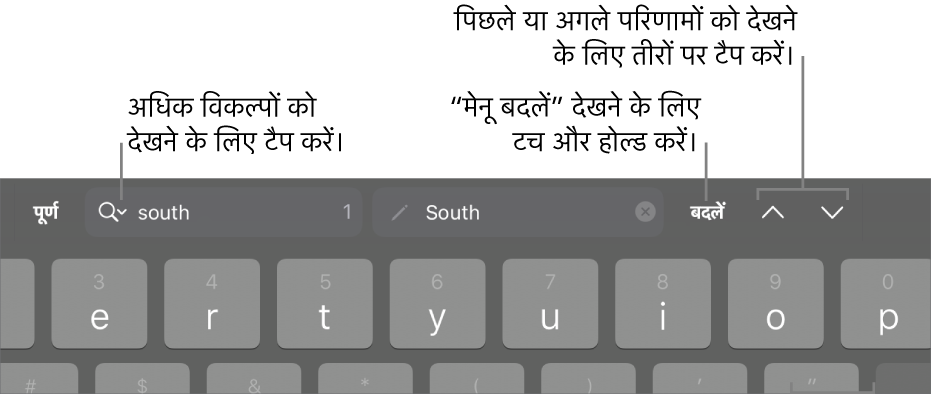 कीबोर्ड के ऊपर मौजूद “ढूँढें और बदलें” नियंत्रण जिसमें खोज विकल्प, “बदलें”, “ऊपर जाएँ” और “नीचे जाएँ” बटन के लिए कॉलआउट हैं।