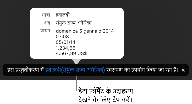 अलग भाषा और क्षेत्र सेटिंग संबंधी सूचना, जो उस भाषा और क्षेत्र के फ़ॉर्मैटिंग से जुड़े उदाहरण दर्शाती है।