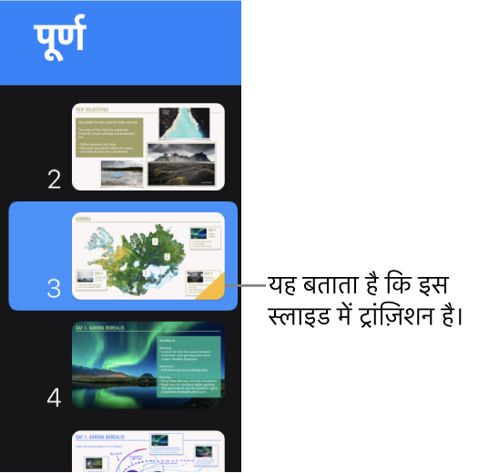 किसी स्लाइड पर पीले रंग का त्रिभुज यह दर्शाता है कि उस स्लाइड पर ट्रांज़िशन लागू है।