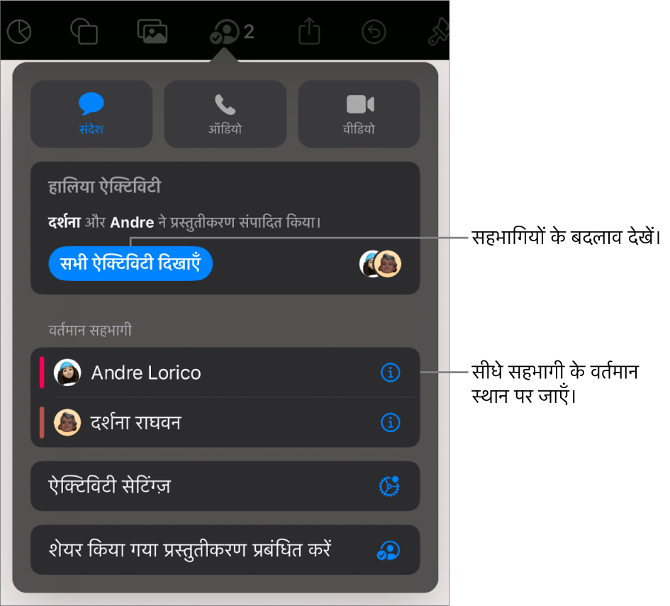 सहयोग मेनू जिसमें वर्तमान सहभागी सूचीबद्ध हैं।