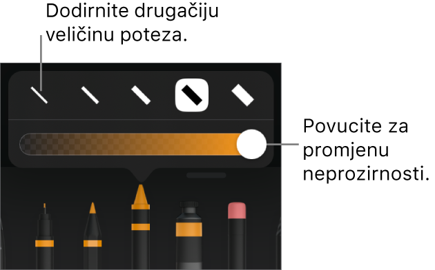 Kontrole za odabir veličine poteza i kliznik za prilagodbu neprozirnosti.