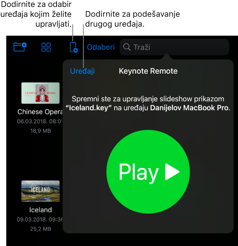 Skočni izbornik Upravljanje uređajima, s prikazom linka Dodaj uređaj.