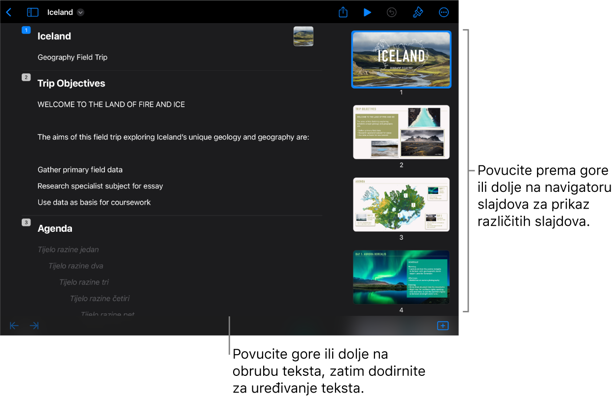 Prikaz strukture sa strukturom teksta s lijeve strane zaslona i okomitim navigatorom slajdova s desne strane.