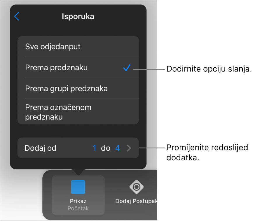 Opcije isporuke u prozoru Dodavanje.