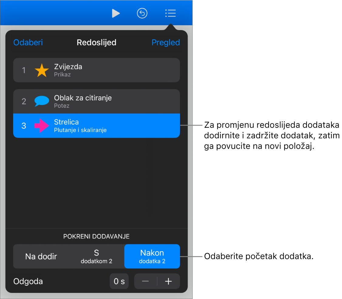 U popisu Redoslijeda dodataka dodani efekti prikazuju se sa žutim bedževima, a izuzeti efekti prikazuju se sa sivim bedževima.