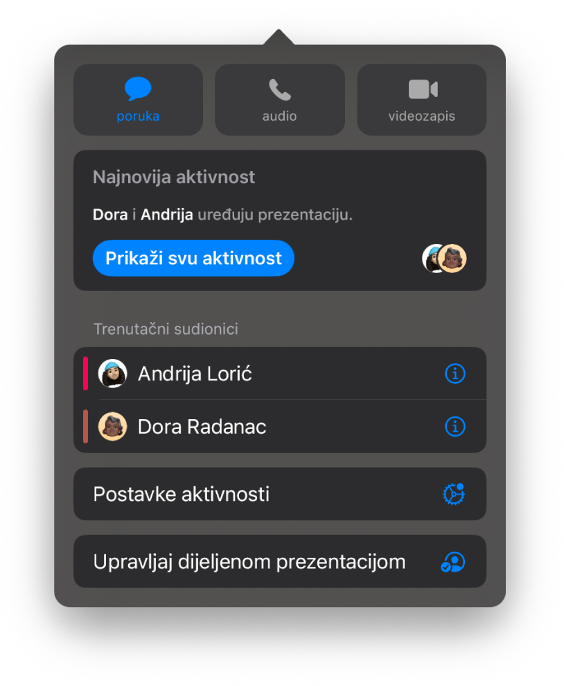 Izbornik suradnje prikazuje imena ljudi koji surađuju na prezentaciji.