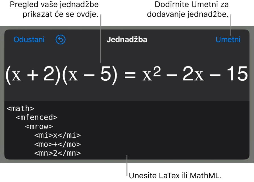 Dijaloški okvir Jednadžba koji prikazuje jednadžbu napisanu korištenjem MathML naredbi i prikaz gornje formule.