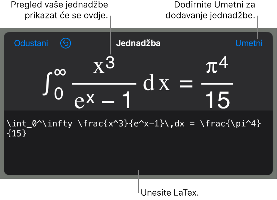 Dijaloški okvir Jednadžba koji prikazuje jednadžbu napisanu korištenjem LaTeX naredbi i prikaz gornje formule.