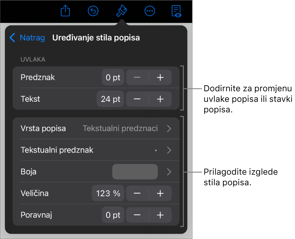 Izbornik Uredi stil popisa s kontrolama za uređivanje vrste i izgleda popisa.