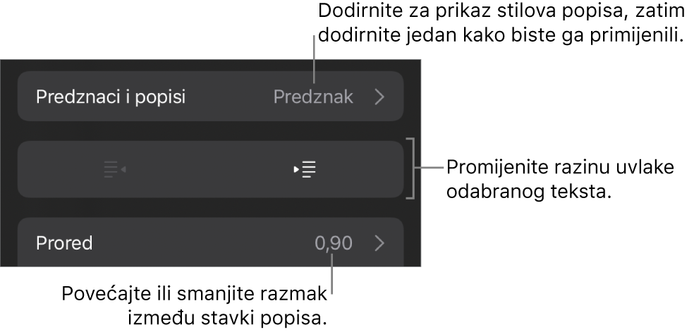 Odjeljak Predznaci i popisi kontrola formatiranja s oblačićima na Predznake i popise, tipke za izvlake i uvlake i kontrole razmaka između redaka.