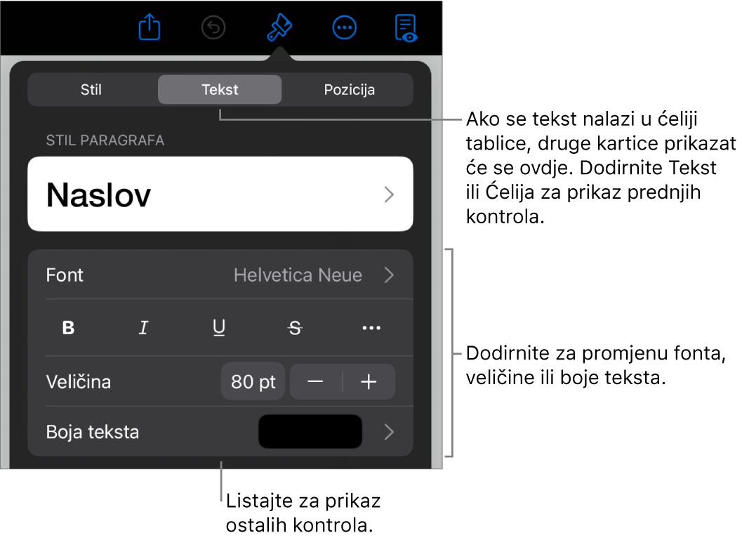 Kontrole teksta u izborniku Format za postavljanje paragrafa i stilova paragrafa, fonta, veličine i boje.