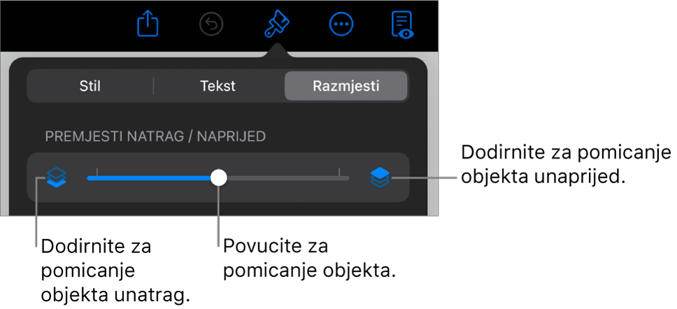 Tipka Premjesti natrag, tipka Premjesti naprijed, i kliznik za slojeve.