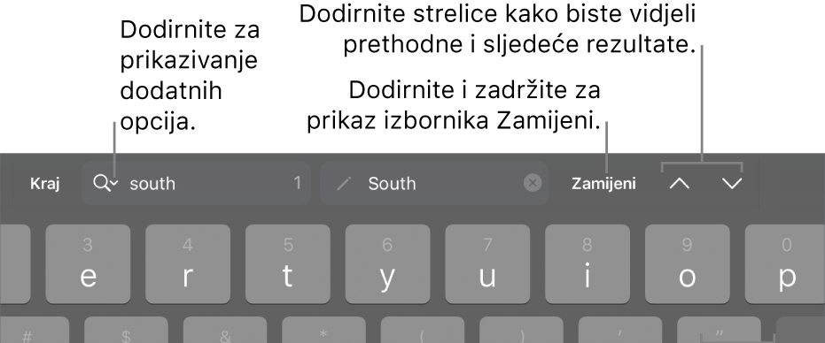 Kontrole Pronađi i zamijeni iznad tipkovnice s balončićima do tipki Opcije pretraživanja, Zamijeni, Prijelaz gore i Prijelaz dolje.