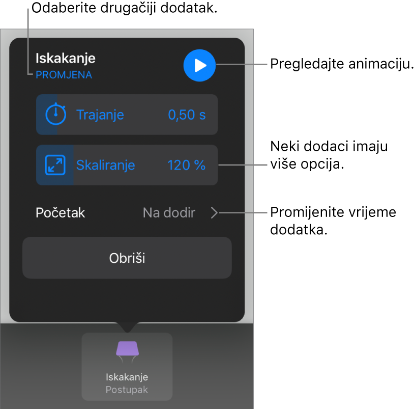 Opcije izdanja uključuju postavku vremena za Trajanje i Početak. Dodirnite Promijeni za odabir drugog izdanja, ili dodirnite Pretpregled za pregled izdanja.