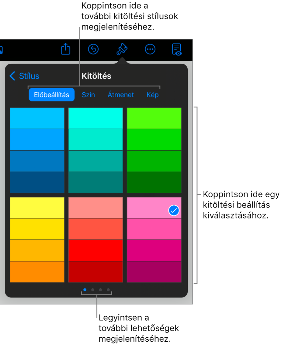Kitöltési lehetőségek a Stílus lapon.