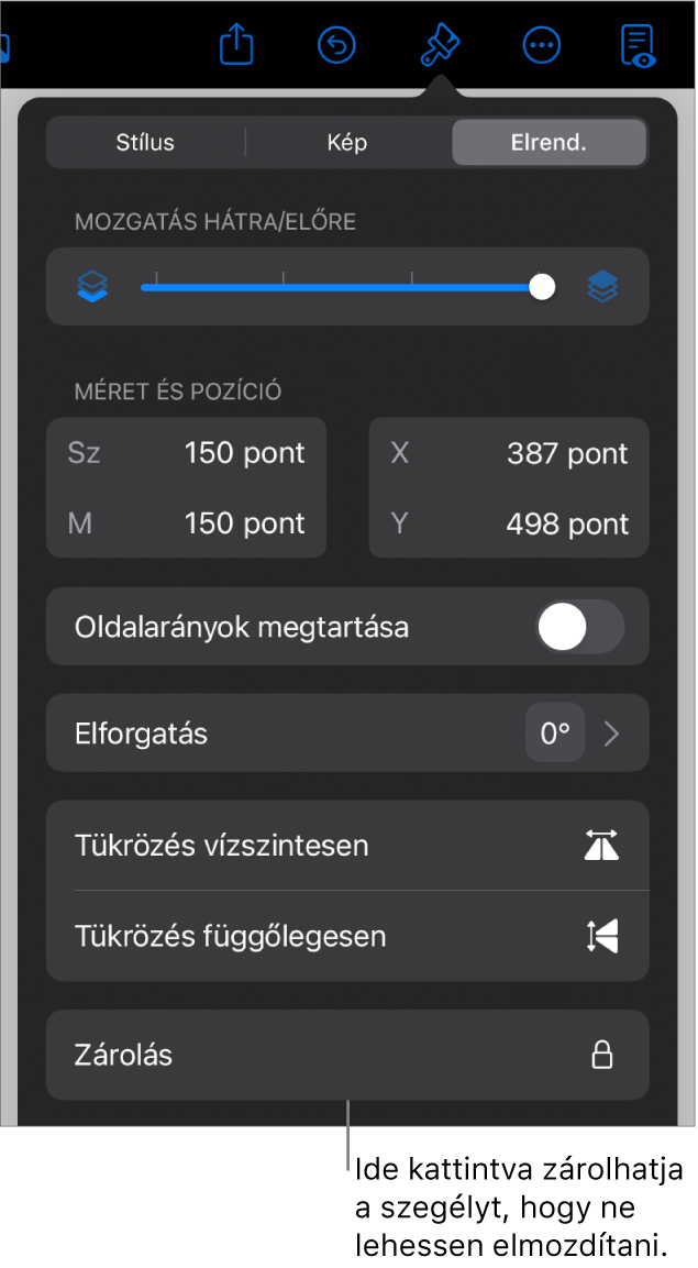 Az Elrendezés vezérlők a Formátum menüben, a kiemelt Zárolás gombbal.