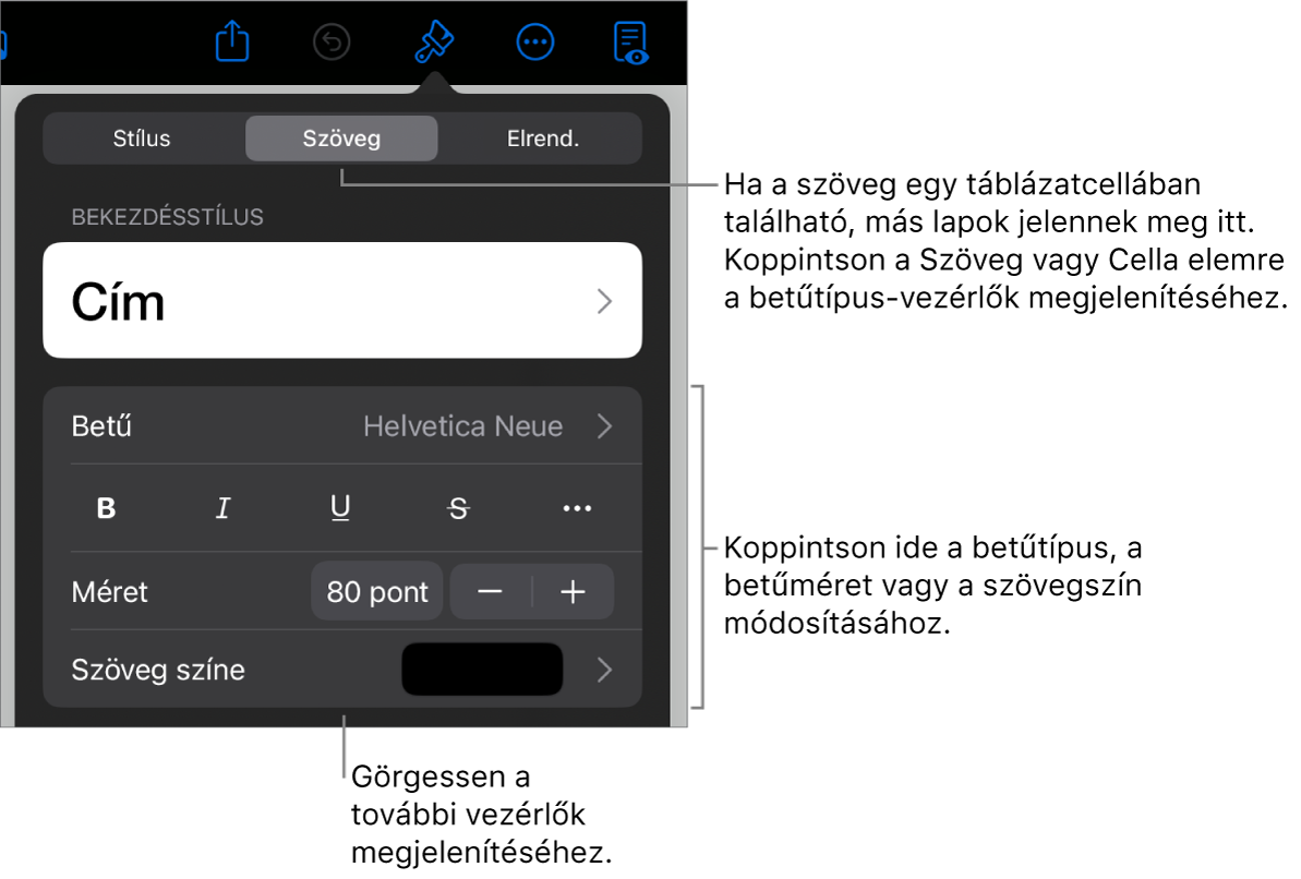 A Formátum menü szövegvezérlői a bekezdés és a karakterek stílusának, betűtípusának, méretének és színének beállításához.