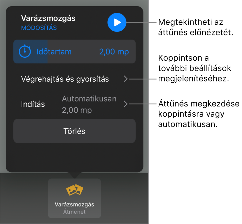 A Varázsmozgás vezérlői az Áttűnések panelen.