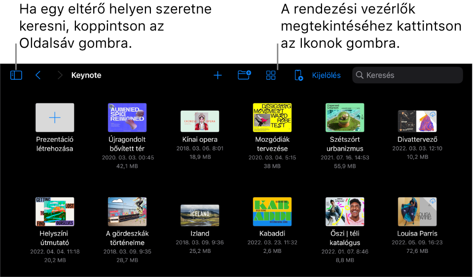 A prezentációkezelő böngészés nézete helyhivatkozással a bal felső sarokban, és a Keresés mezővel a jobb felső sarkokban. A képernyő tetején a Hozzáadás gomb, az Új mappa gomb, a név, dátum, méret, fajta és címke alapján történő szűréshez használatos Ikonok gomb, a Távvezérlő gomb és a Kijelölés gomb látható. Ezek alatt a meglévő prezentációk bélyegképei láthatók.