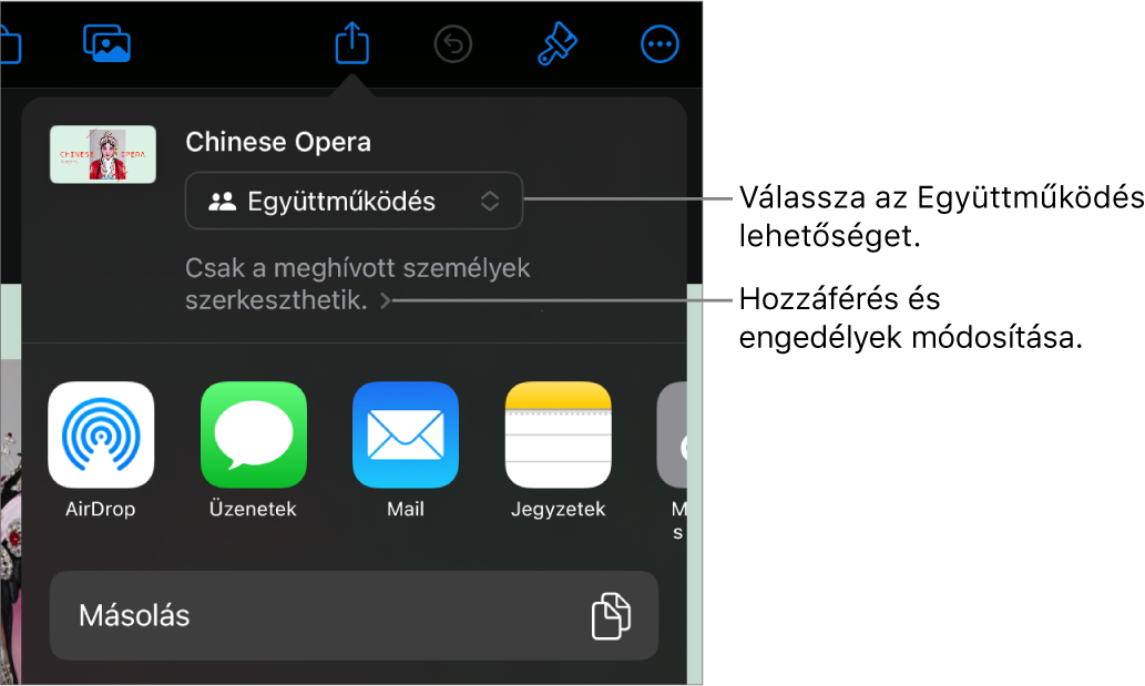 A Megosztás menü a felül kijelölt Együttműködés lehetőséggel, és az alatt látható hozzáférési és jogosultsági beállításokkal.