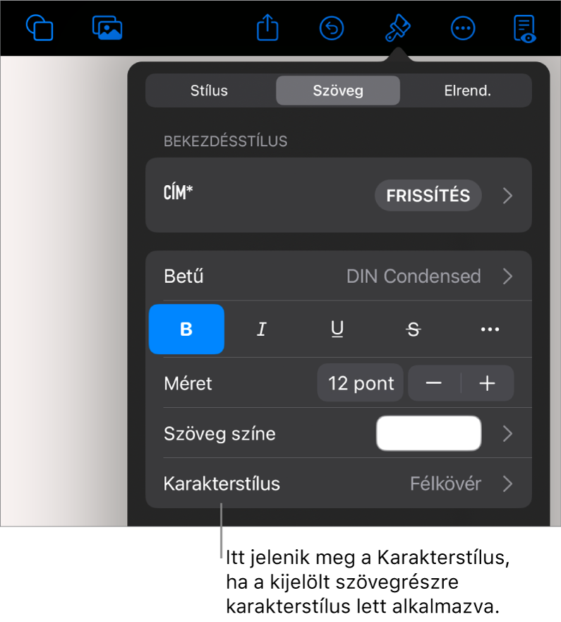A Szövegformázás vezérlők a Karakterstílussal a Színek vezérlői alatt. A Nincs karakterstílus látható egy csillag szimbólummal.