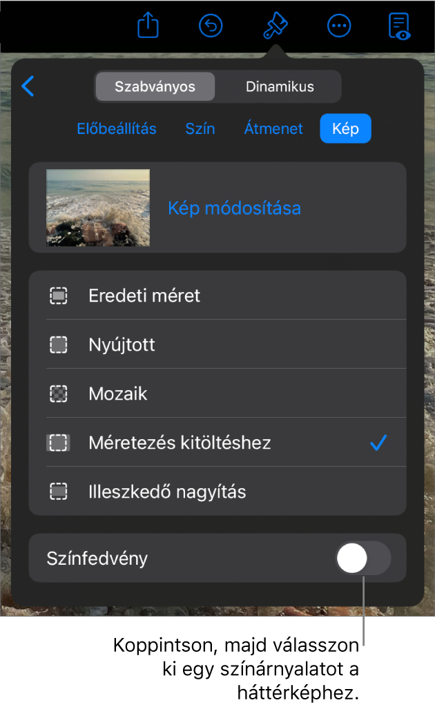 A Háttér vezérlők, egy, a dia háttereként beállított képpel, és az alul megjelenő Színfedvény vezérlővel.