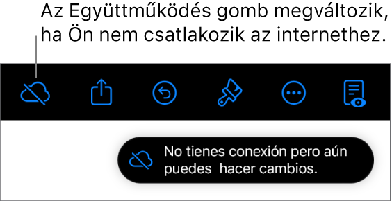 A képernyő tetején található gombok, ahol az Együttműködés gomb egy átlósan áthúzott felhőre módosul. Figyelmeztetés a képernyőn: „Offline módban van, de folytathatja a szerkesztést”.