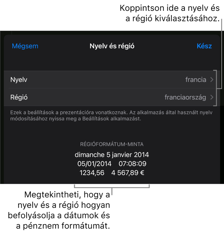 A Nyelv és régió panel a nyelv és régió vezérlőivel és egy formátum példával (ide értve: dátum, idő, tizedes és valuta).