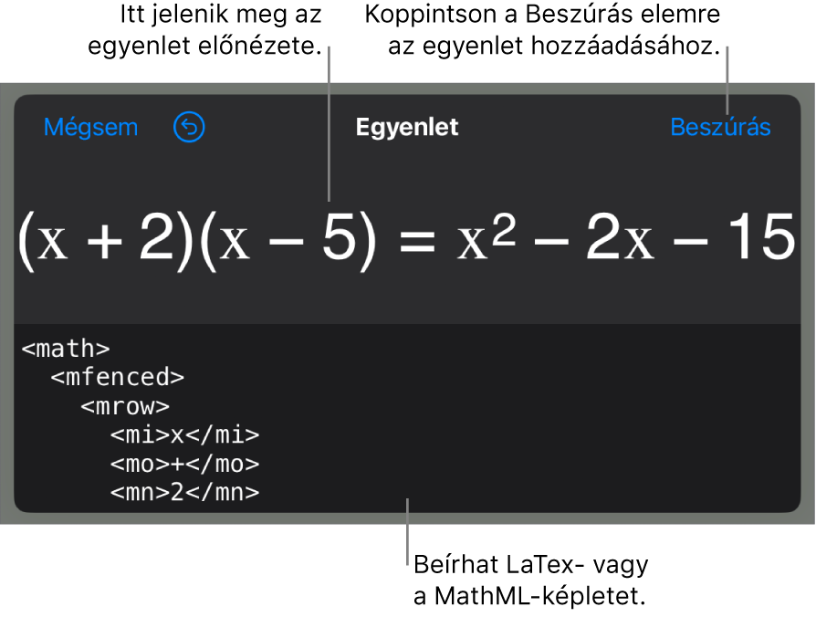 Az Egyenlet párbeszédpanel, amelyen egy, a MathML-parancsok használatával írt egyenlet, felül pedig az egyenlet előnézete látható.