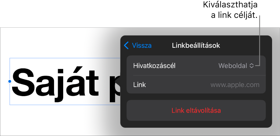 A Linkbeállítások vezérlői a kijelölt Weboldal elemmel, illetve az alul megjelenő Link eltávolítása gombbal.