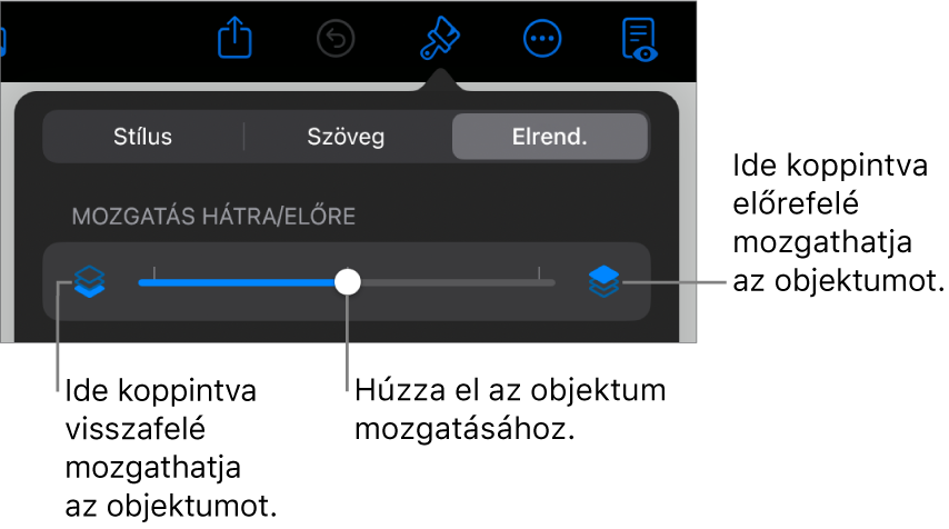 Visszafelé mozgatás gomb, Mozgatás előre gomb és a rétegezés csúszka.
