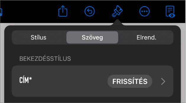 Karakterstílus egy csillag karakterrel, jobbra pedig a Frissítés gombbal.