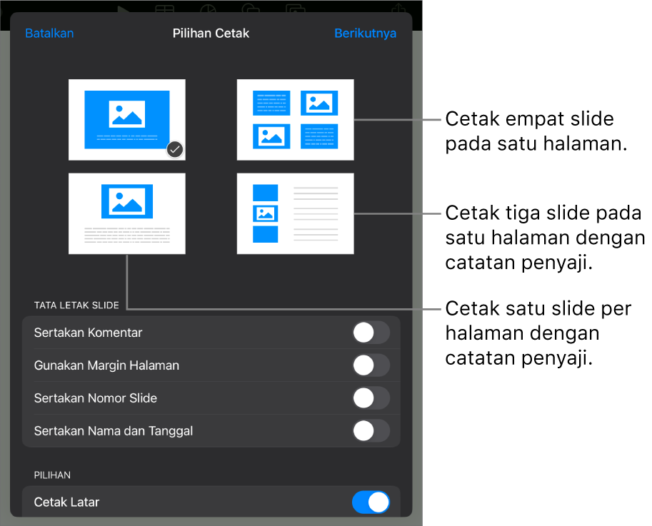Pilihan tata letak pencetakan.