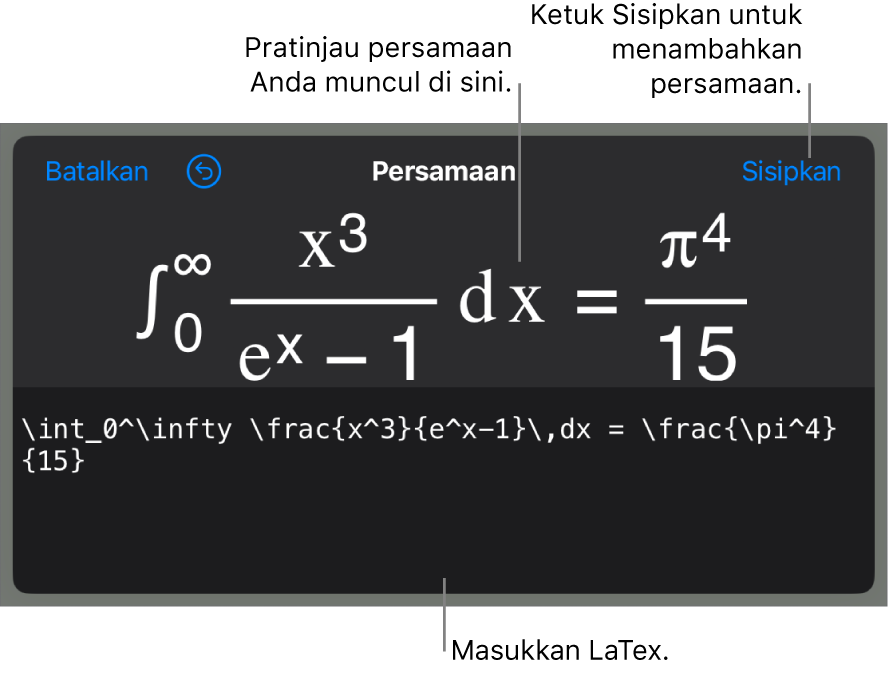 Dialog Persamaan, menampilkan sebuah persamaan ditulis menggunakan perintah LaTex, dan pratinjau formula di atas.