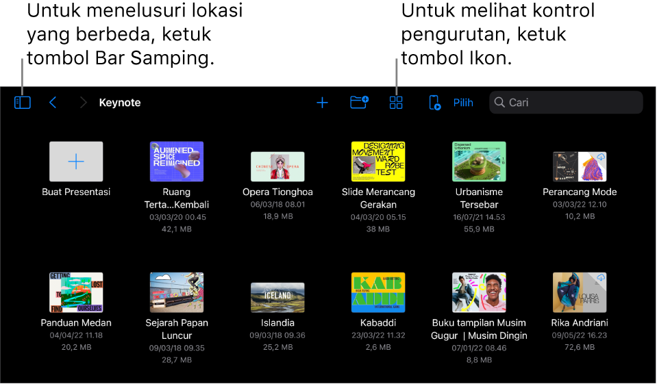 Tampilan telusuri pengelola presentasi dengan tombol Bar Samping di pojok kiri atas. Di kanan atas terdapat tombol Tambah, tombol Folder Baru, tombol Ikon (untuk mengurutkan menurut nama, tanggal, ukuran, atau label), tombol Pilih, dan tombol Cari. Di bawah ini terdapat gambar mini dari presentasi yang ada.