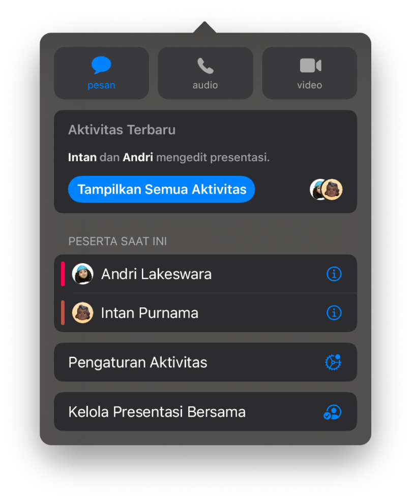 Menu kolaborasi menampilkan nama orang yang berkolaborasi di presentasi.
