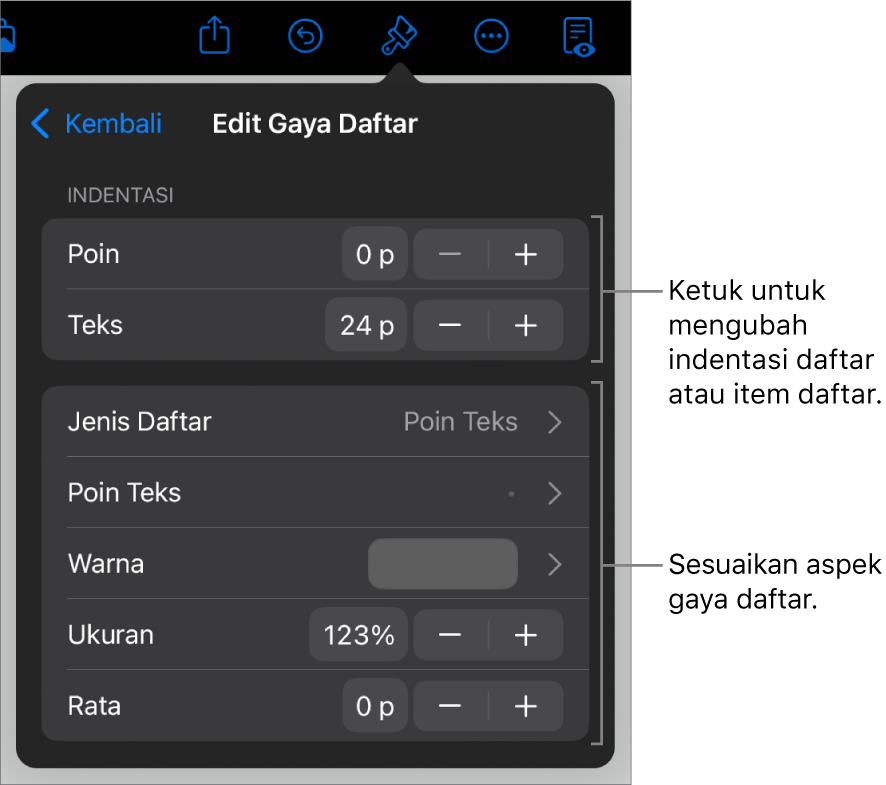 Menu Edit Gaya Daftar dengan kontrol untuk mengedit jenis dan tampilan daftar.