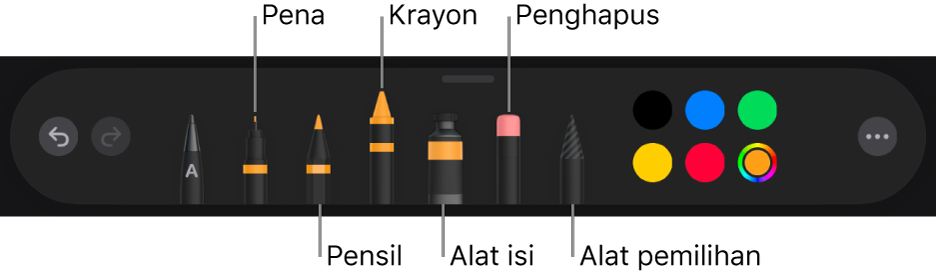 Bar alat gambar dengan alat pena, pensil, krayon, isi, penghapus, alat pemilihan, dan bidang warna yang menampilkan warna saat ini.